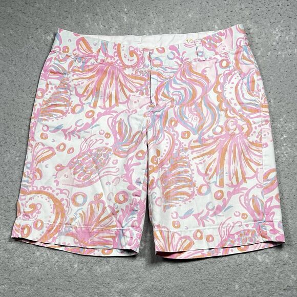 Lily Pulitzer Shorts Womens 10 Pink White Floral Chipper Shorts Pockets 9 in - Picture 1 of 15